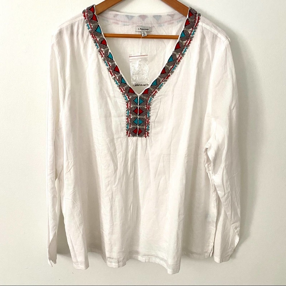 J. Peterman White Cotton Long Sleeve Beaded Tunic Blouse Top/X Large